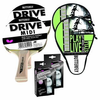 Butterfly 2x Drive Midi Tischtennisschläger + 2x Tischtennishülle Free your Lifestyle + 12 Tischtennisbälle Training weiß